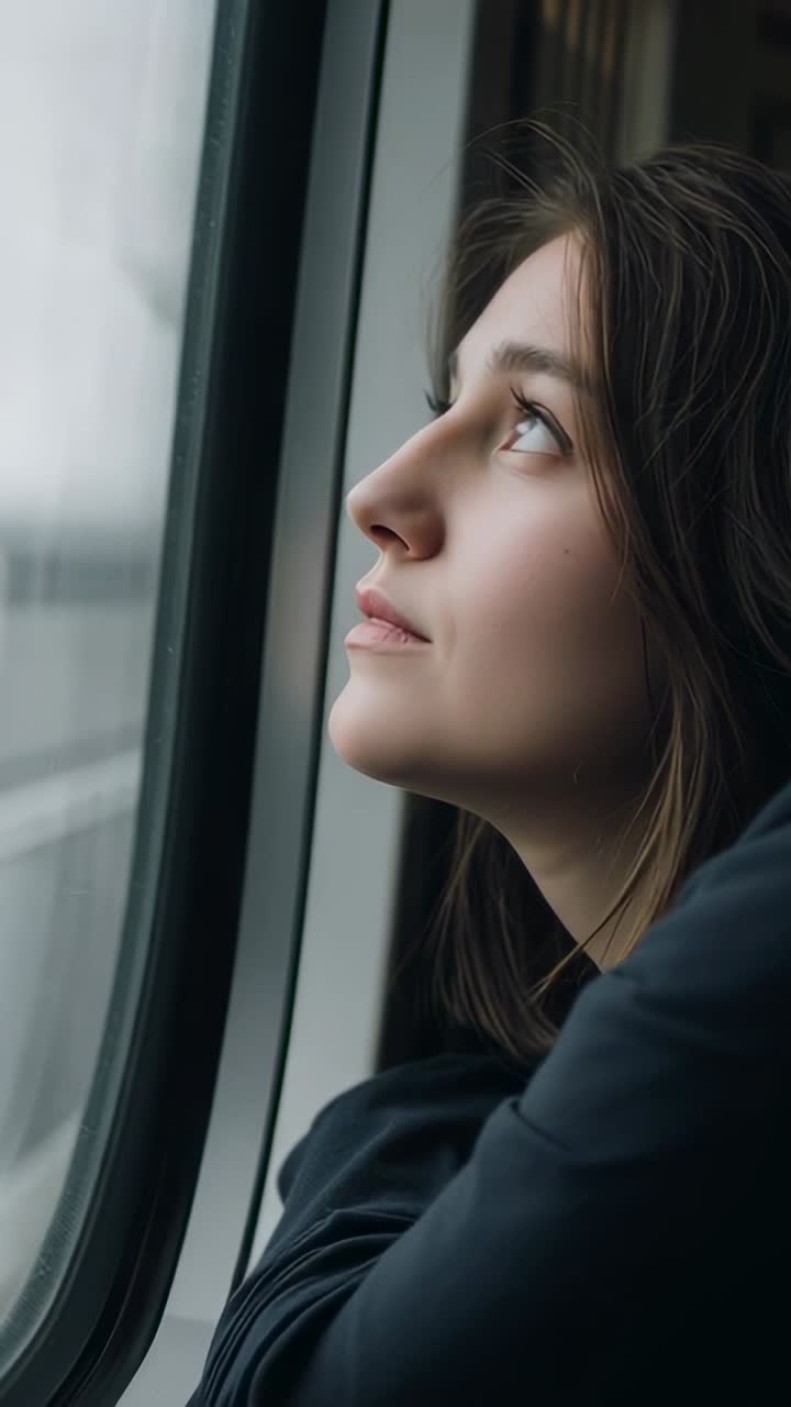 Video verticale: donna a riposo che guarda fuori dal finestrino di un treno in movimento, mento sulle braccia incrociate, con riflesso