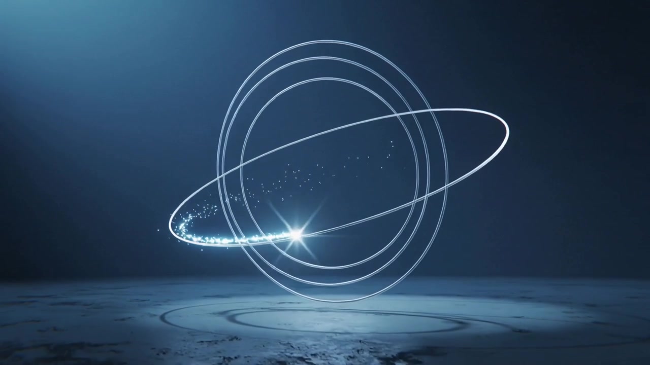 Spark appearing lower-left starting orbit, three rings rotating above studio floor for logo reveal