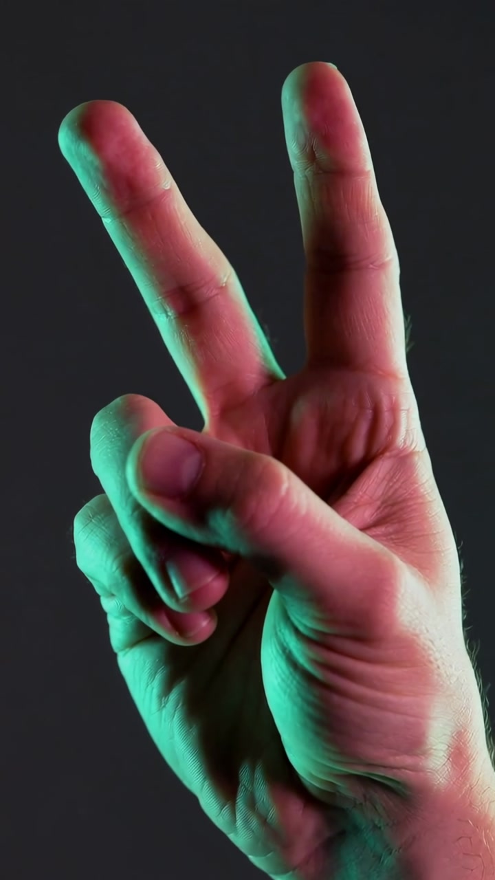 Vertical video: Clip starting, rotating right hand making V sign in studio to show bicolor lighting