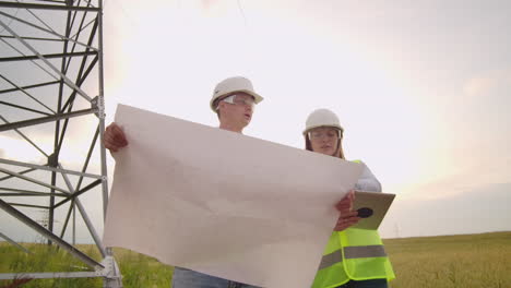 Two-electricians-work-together-standing-in-the-field-near-electricity-transmission-line-in-helmets.-Two-electricians-work-together-standing-in-the-field-near-with-power-transmission-towers.-Eco-friendly-fuel