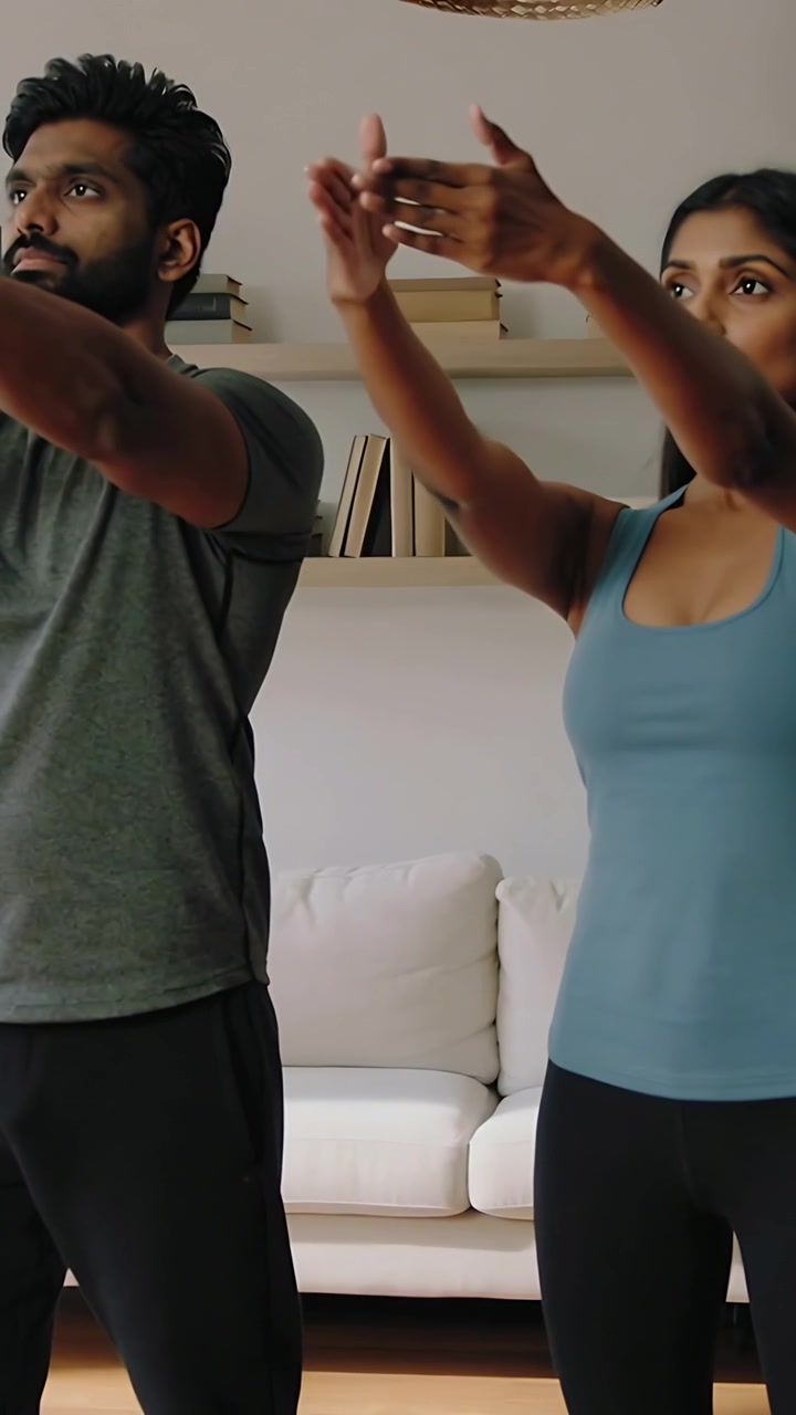 Video verticale: Duo in forma che fa allungamenti delle braccia per il fitness a casa, in abbigliamento sportivo, divano, scaffale.
