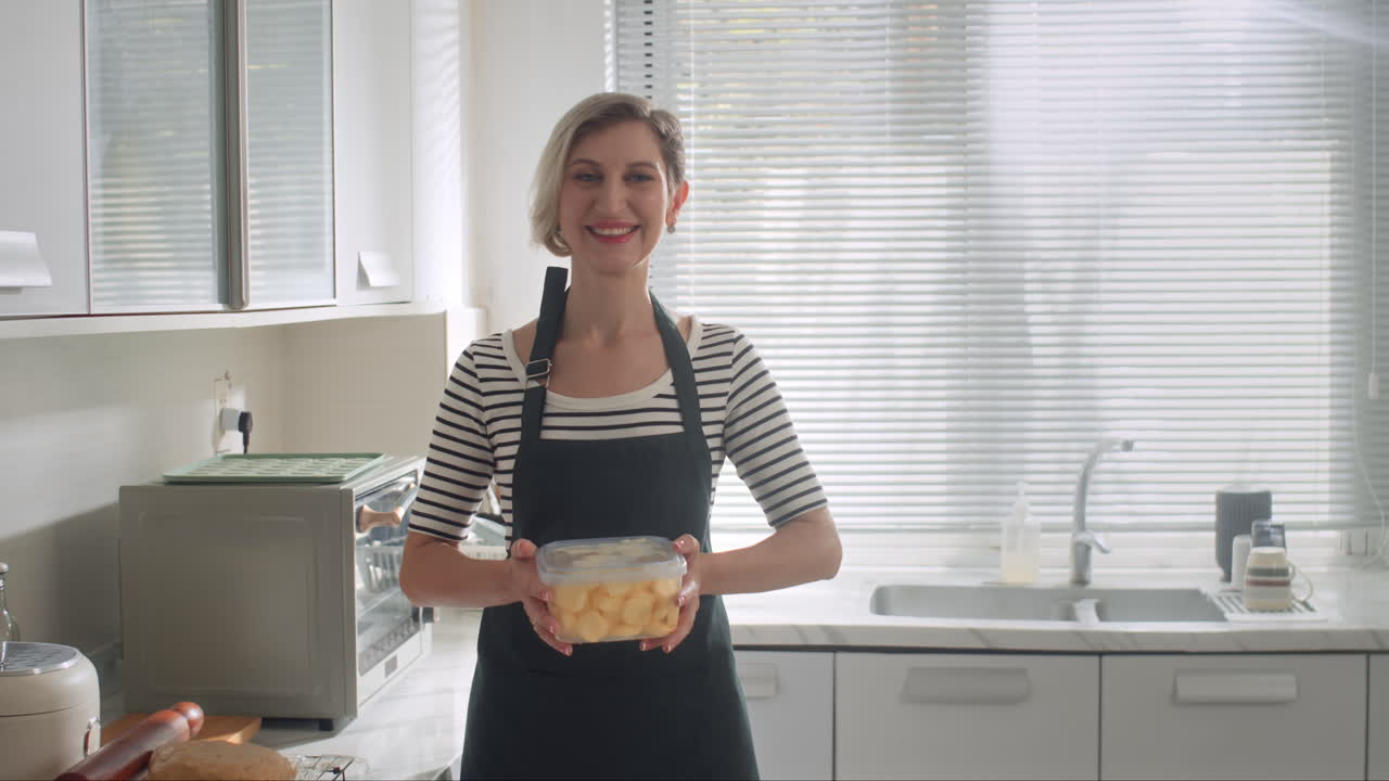 Cheerful Woman Holding Container with Dough for Cooking