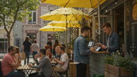 a vibrant outdoor cafe scene featuring patrons enjoying refreshments and baristas engaging with customers under bright yellow umbrellas