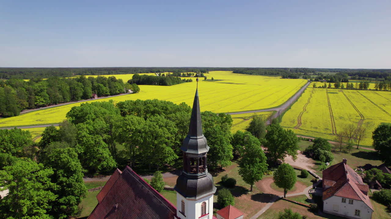 Orbital drone shot around Burtnieku Church tower surrounded by rapeseed fields