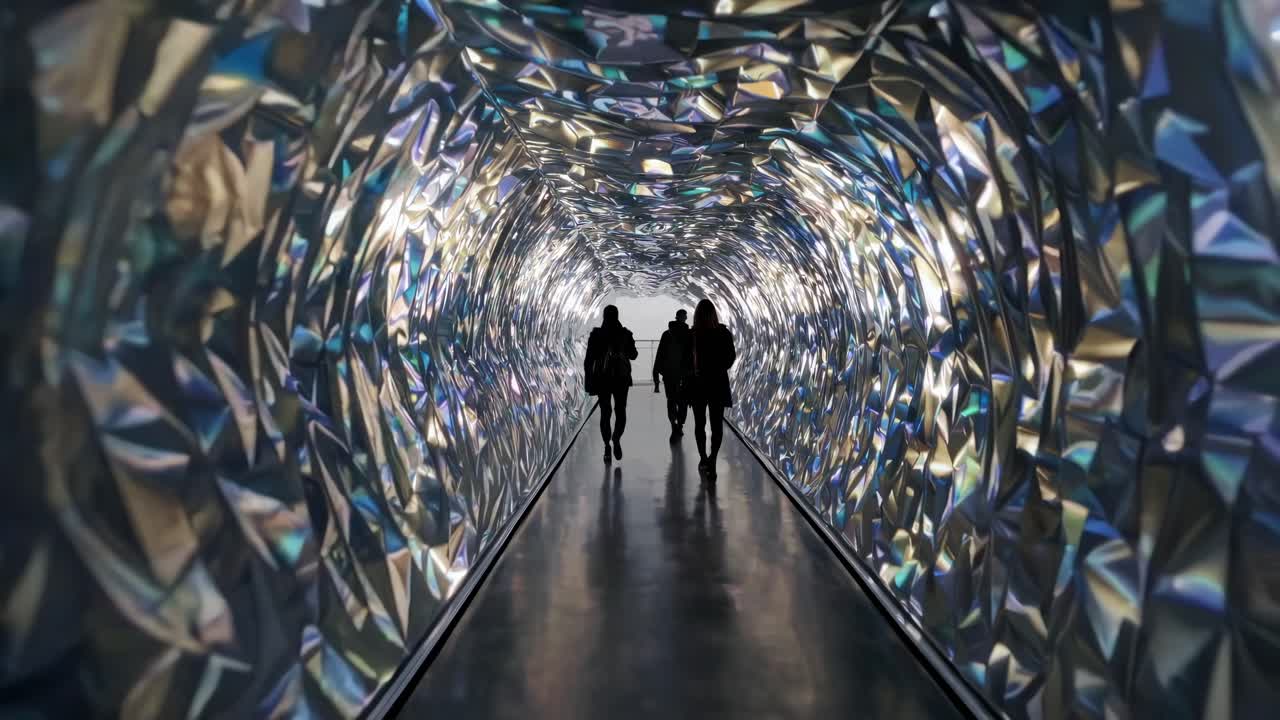People Walking Through a Reflective Tunnel Art Installation