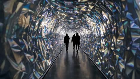 people walking through a reflective tunnel art installation