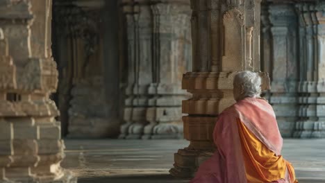 elderly woman wearing traditional sari gently touching stone pillar while praying inside ancient indian temple, conveying deep spiritual connection and cultural reverence