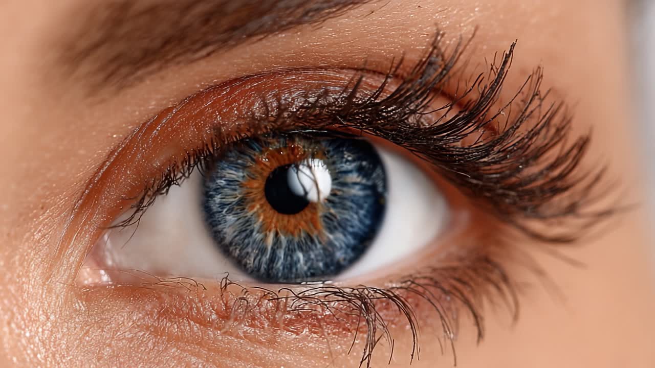 Detailed Close-Up of a Beautiful Human Eye Featuring Striking Blue and Brown Irises with Long Lashes, Capturing the Intricacies of the Eye's Texture and Color Variations