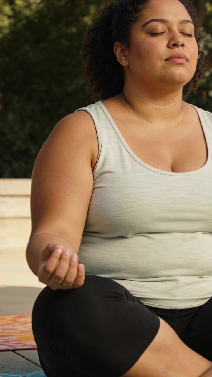 Mulher sentada de pernas cruzadas ao ar livre, inalando e causando anéis de respiração animados que crescem sobre o tapete de yoga.