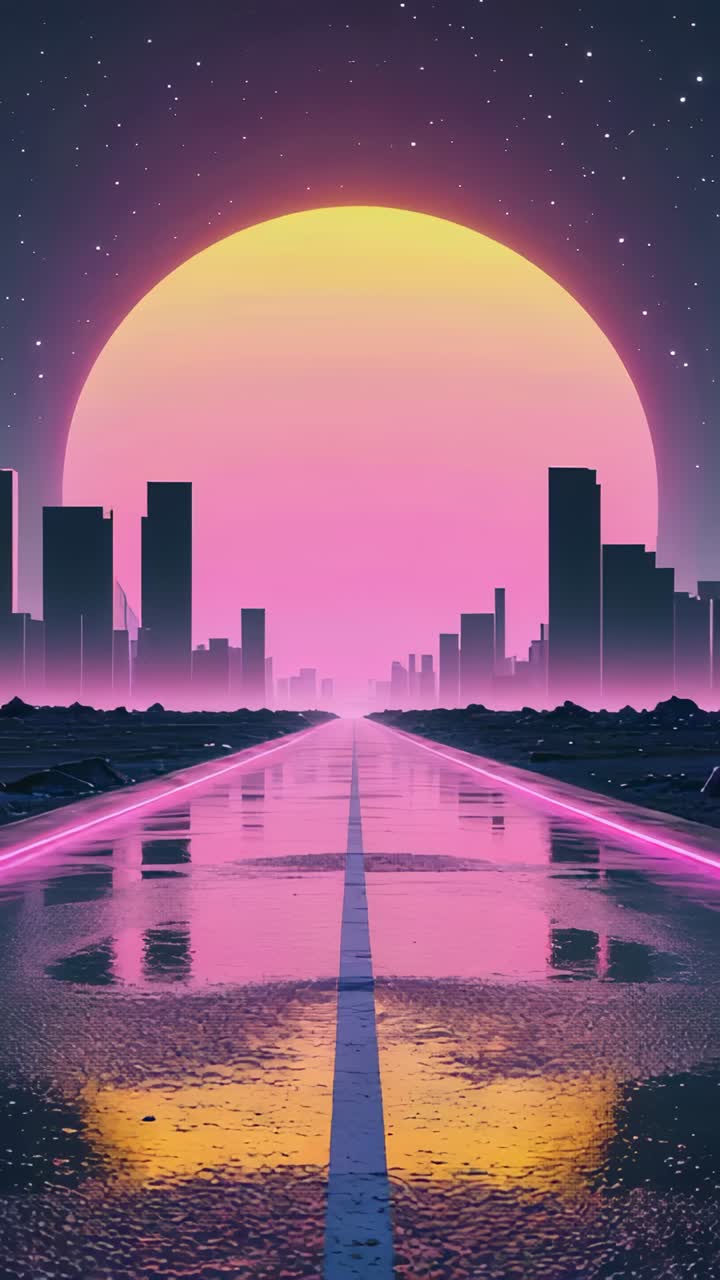 Vertical video: Shimmering neonlit highway pulsing under gradient sun and stars at outskirts