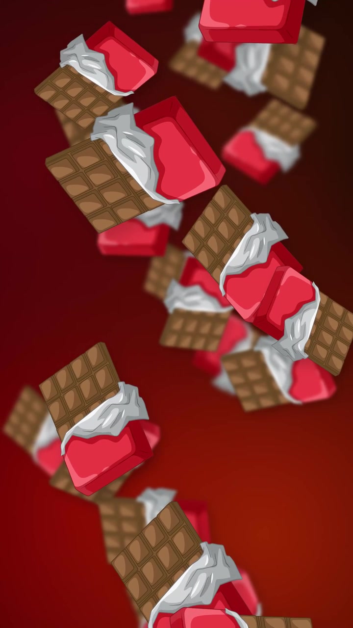 Barrette di cioccolato stilizzate e dolcetti alla crema rossa cadono continuamente su uno sfondo sfumato rosso scuro.