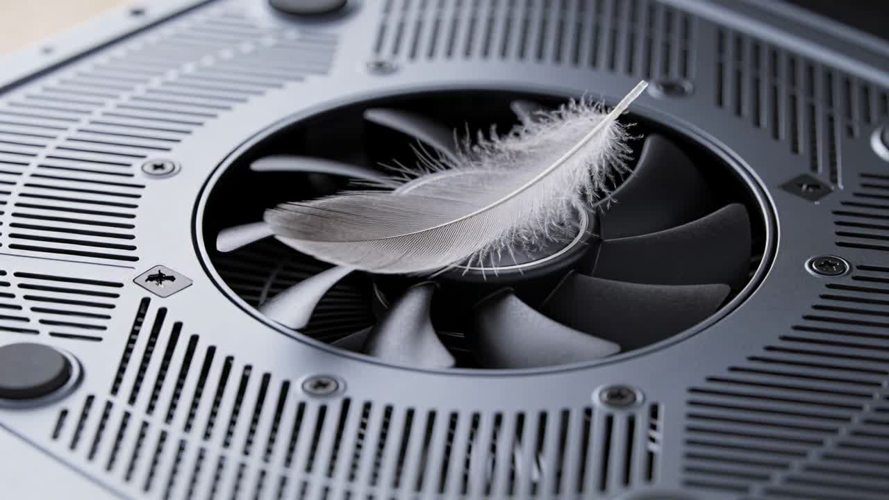 Piuma chiara appoggiata che svolazza sulla griglia di ventilazione di una ventola da tavolo, mossa da un leggero flusso d'aria.