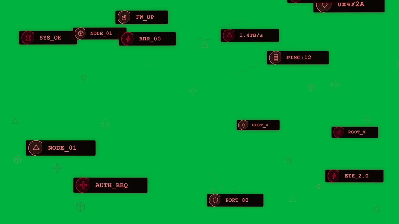 Video verticale: HUD di un sistema di scansione che mostra nodi su una tela nera, segnalando AUTH_REQ per la sicurezza.