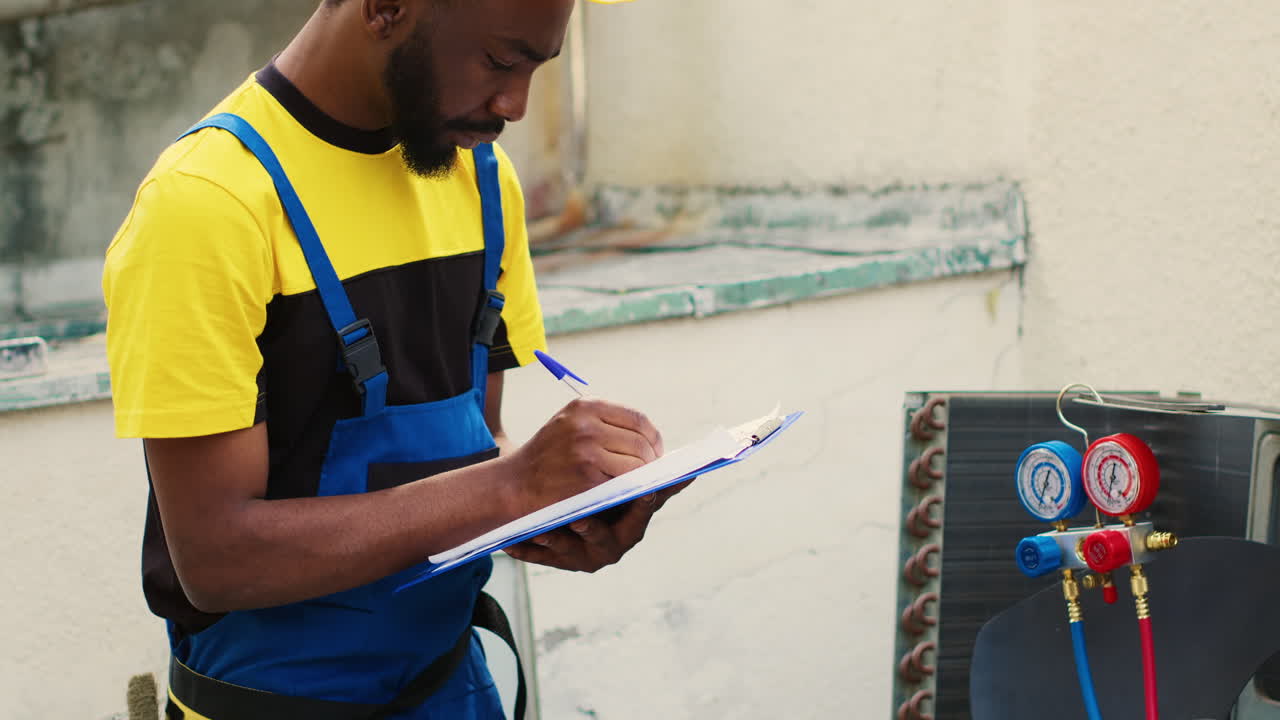 Technician inspecting freon levels