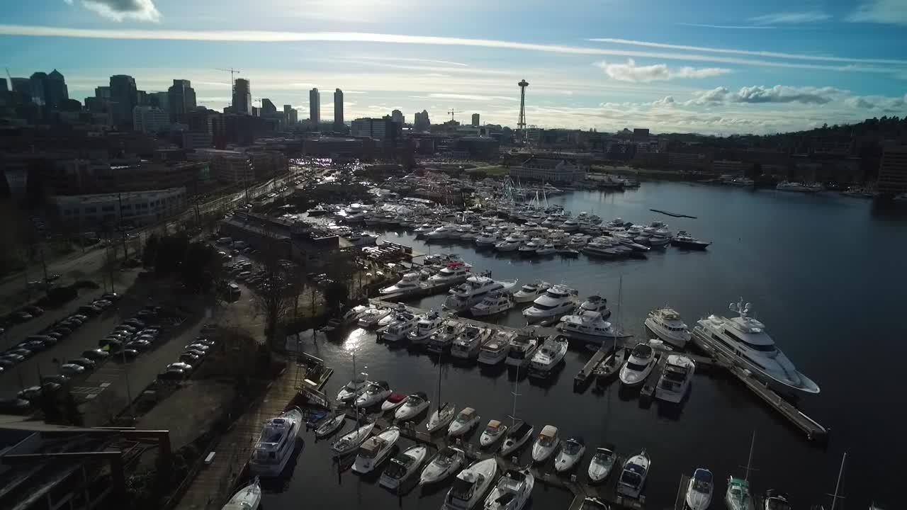 Aerial of the boats docked in Seattle's South Lake Union neighborhood, circa 2016.