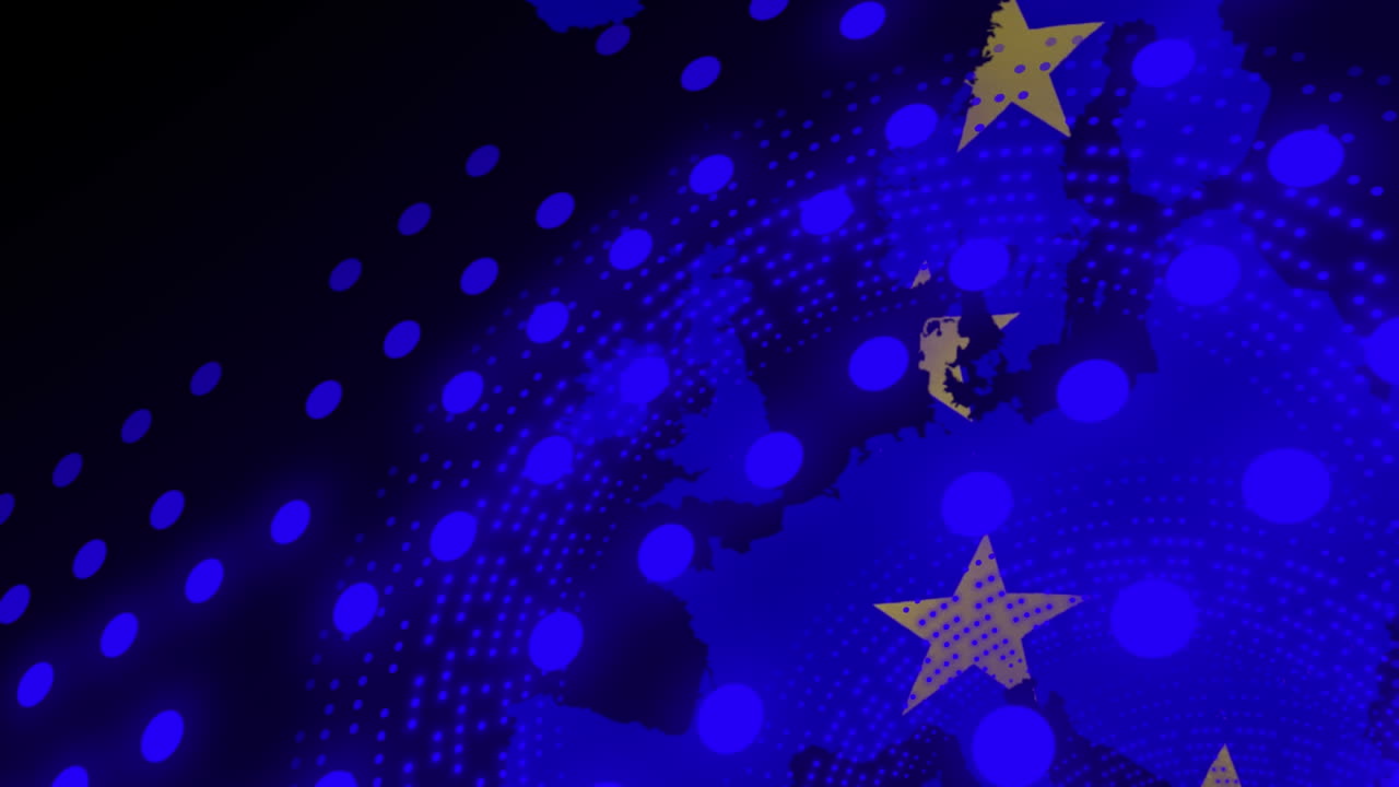 유럽의 지도, 유럽 연합의  ⁇ 발 및 파란색 원 위에서 처리 된 숫자의 애니메이션