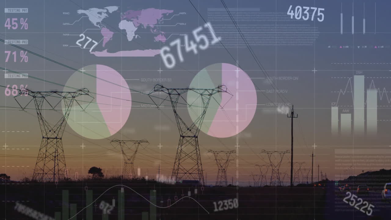 animación del procesamiento de datos financieros a través de pilares eléctricos en el campo