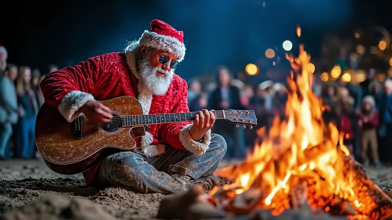 A man dressed as Santa Claus playing a guitar in front of a bonfire