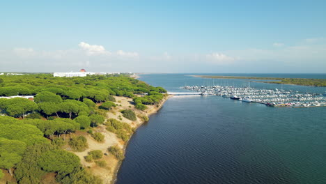 club náutico en el río piedras y muelles con muchos yates, veleros, barcos amarrados en puerto marina el rompido, españa en temporada de otoño, retroceso aéreo lento