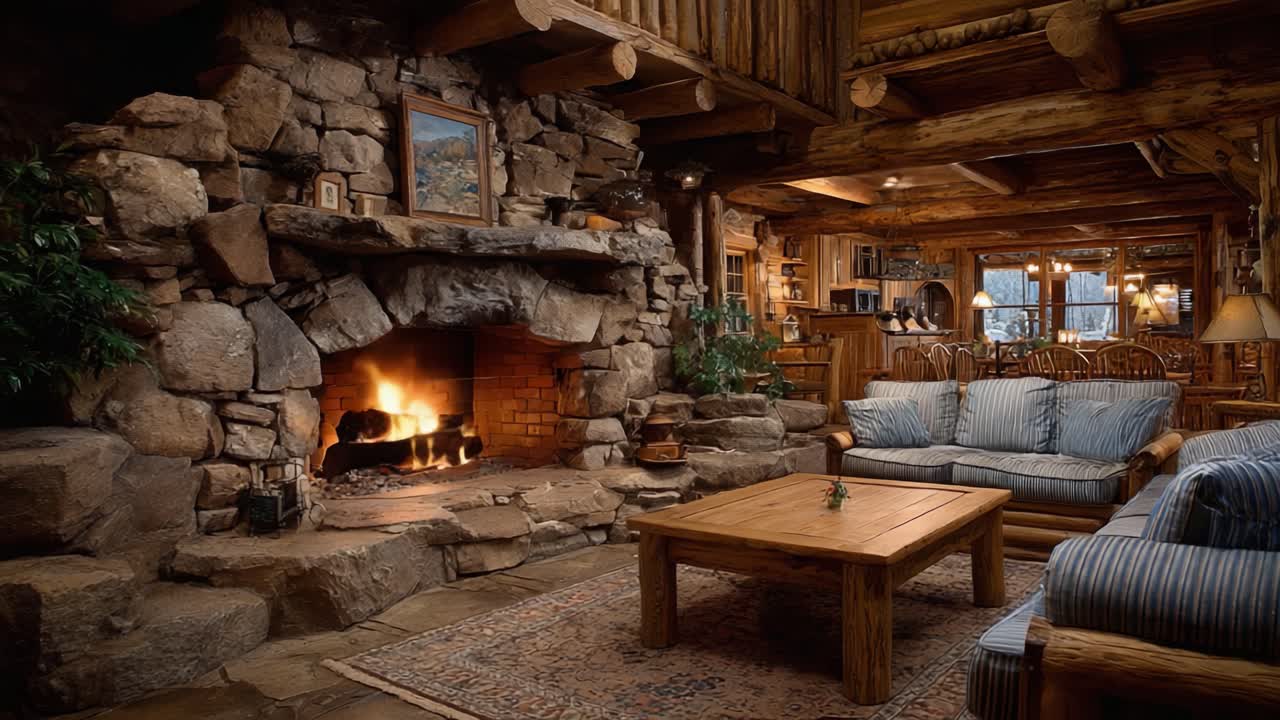Accogliente soggiorno rustico con camino in pietra, travi in legno e comodi posti a sedere, perfetto per il relax e le riunioni in un ambiente di rifugio montano.