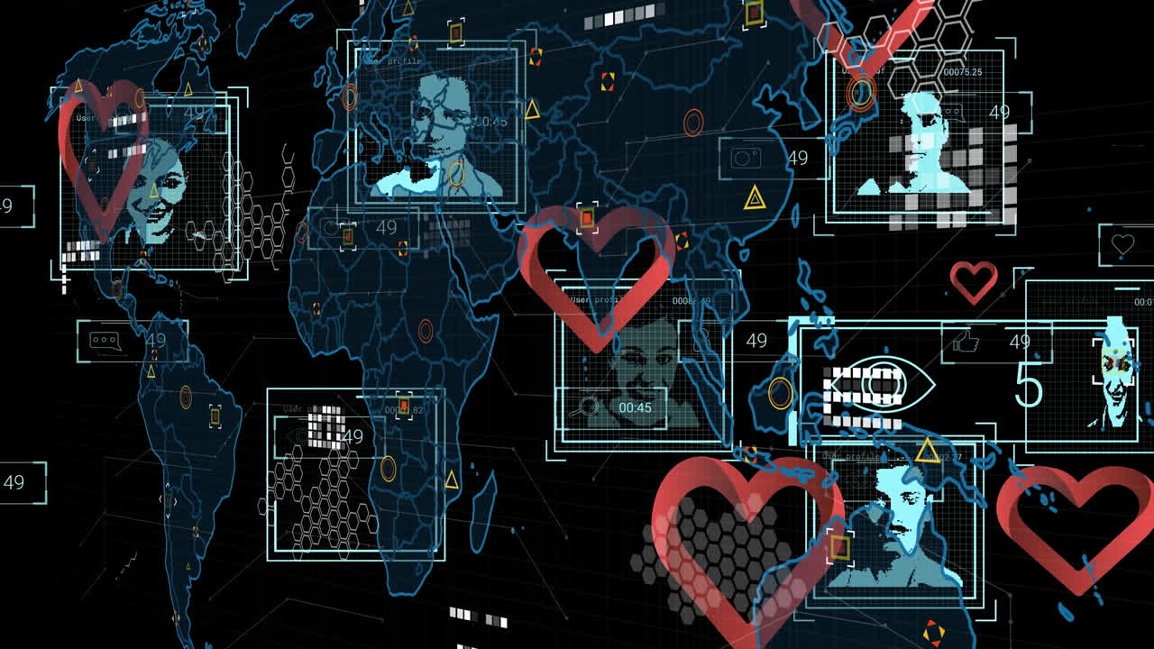 검은색 배경 위의 데이터 처리 및 사람 아이콘의 애니메이션