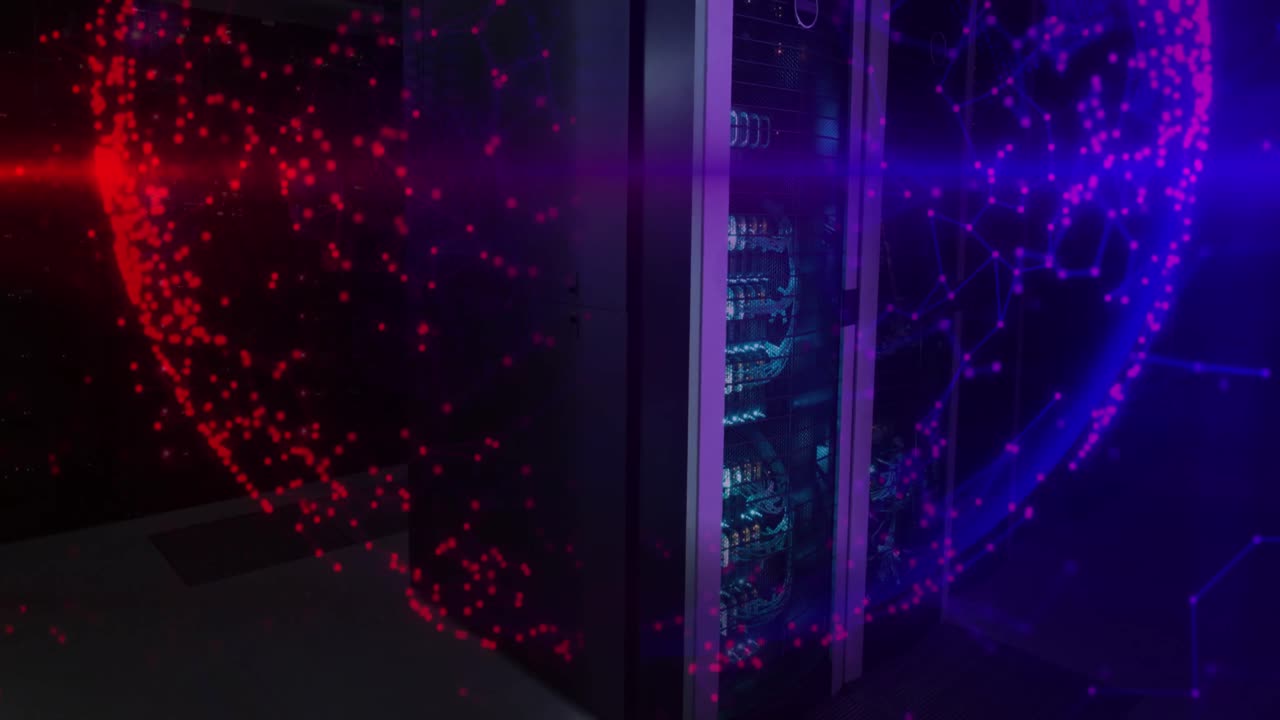 animación de formas en movimiento y globo sobre la sala del servidor