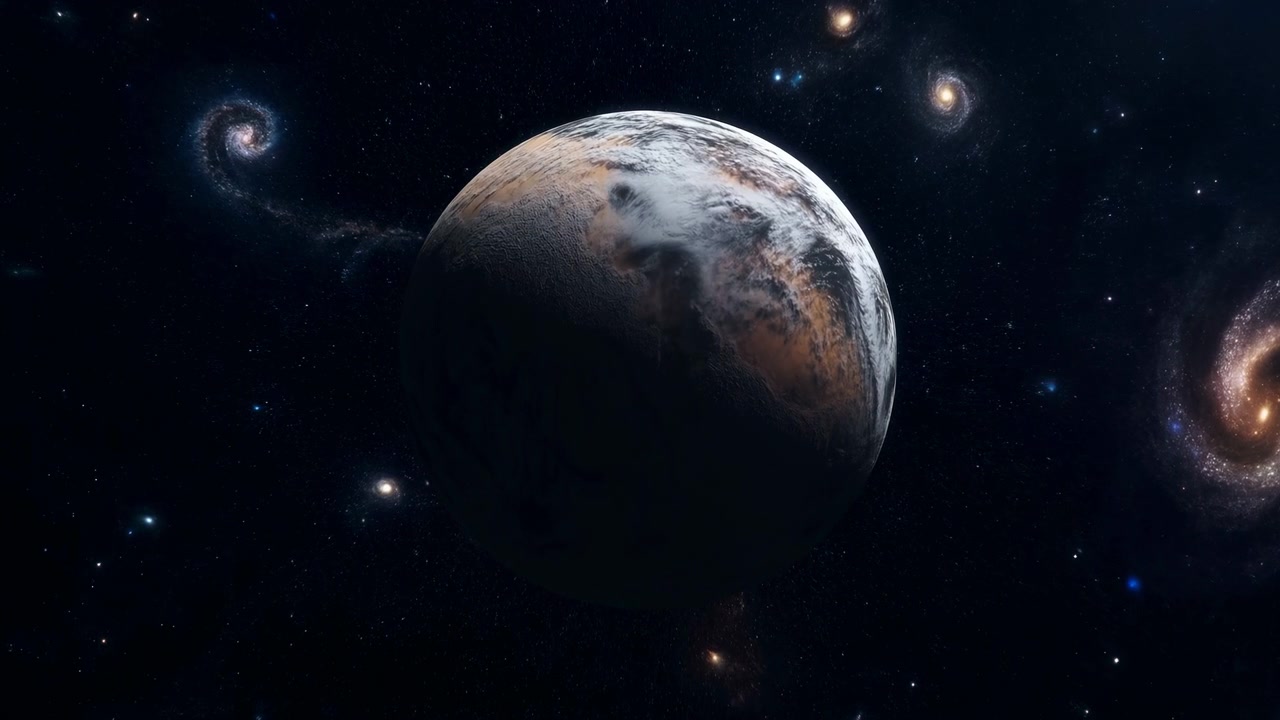 Large rocky planet dominates center-right view with bright upper rim, dark lower hemisphere, icy cloud bands, distant spiral galaxies, and dense starfield creating vast cinematic deep space atmosphere