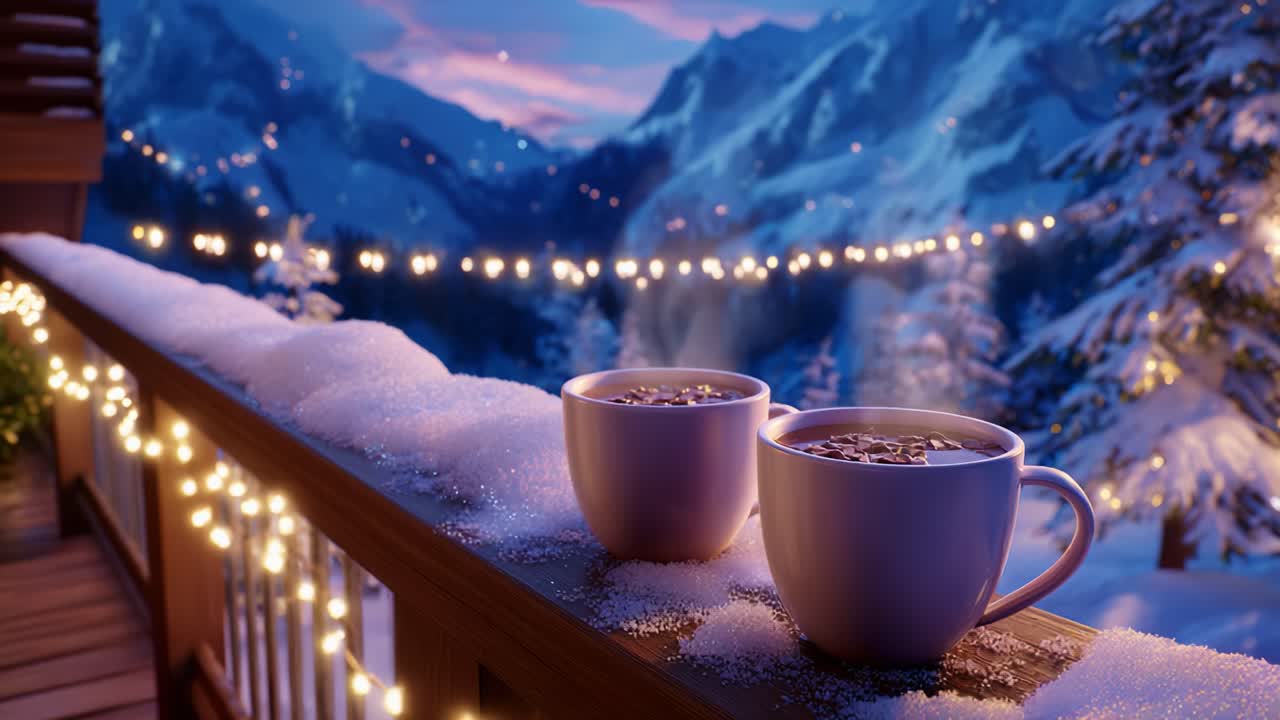A Cozy Winter Evening with Steaming Cups of Hot Beverage on a Snow-Covered Deck Surrounded by Twinkling Lights and Majestic Snowy Mountains, Perfect for Enjoying Nature's Tranquility