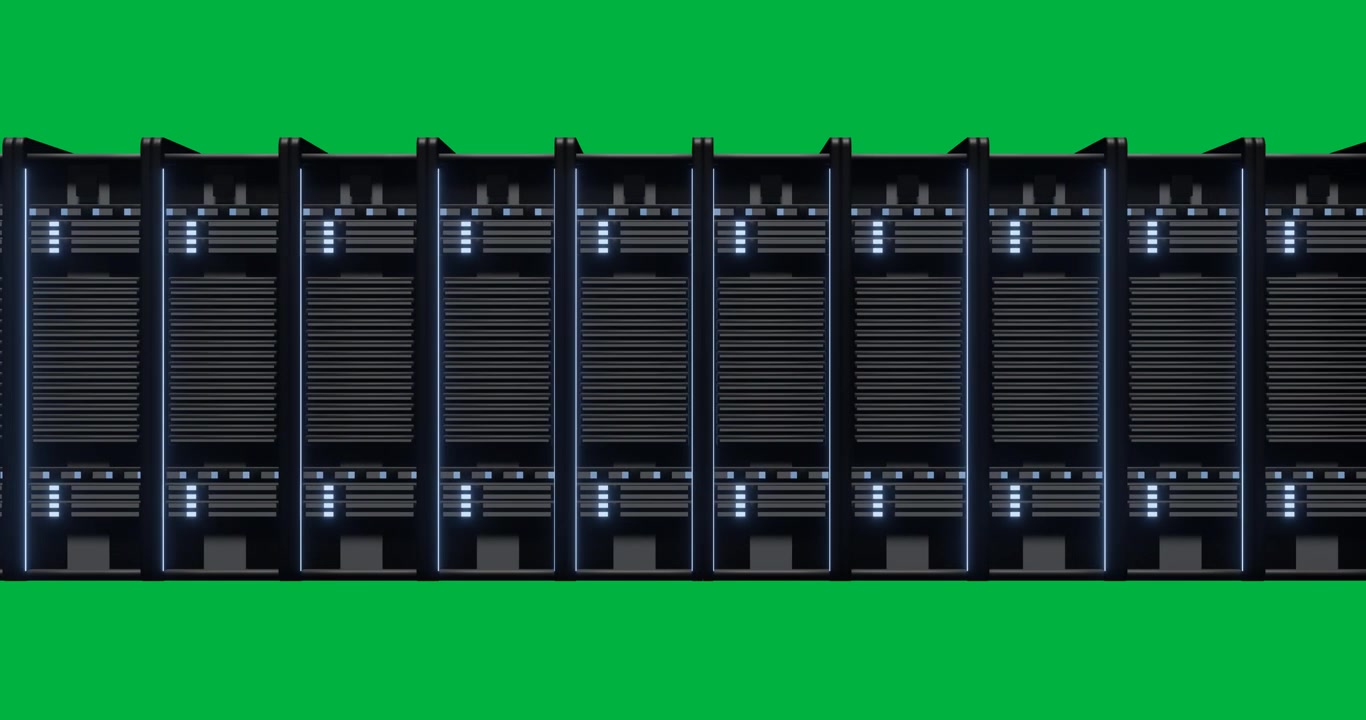 Serverskabe opstillet i rack med ventilationsåbninger og blinkende blå LED-indikatorer på gennemsigtig baggrund.