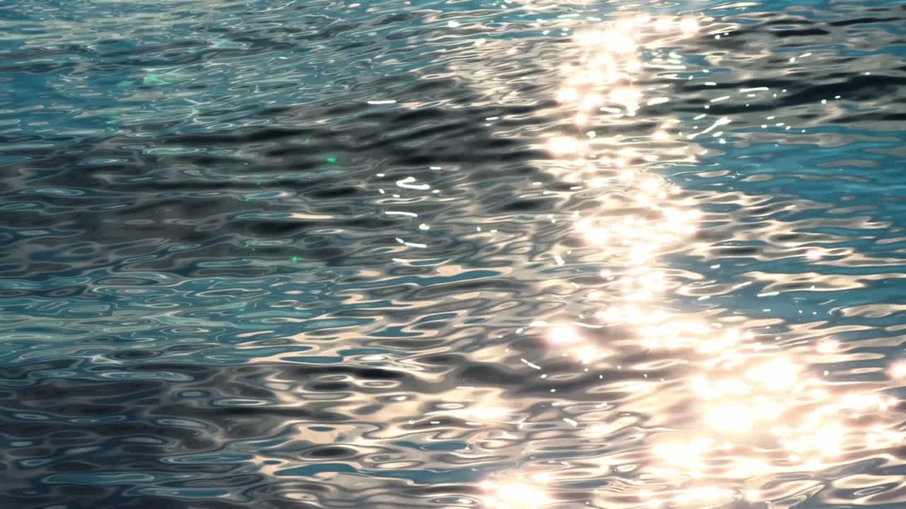 穏やかに動く海の波に太陽の光が反射し、金色のきらめきを持つ抽象的な油絵のような質感を生み出している。明るい夏の光の中で揺らめく穏やかな青い水面、リラックスできる抽象的な背景。