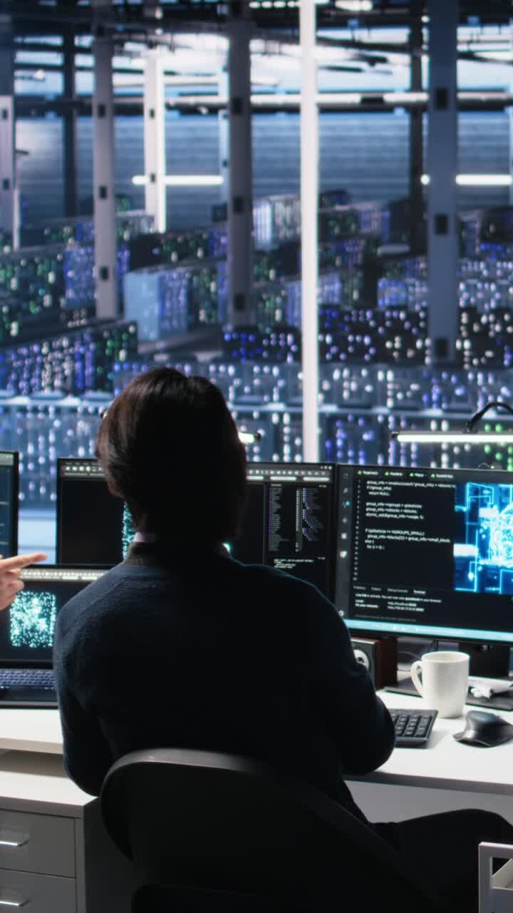 Vertical video Server room system administrators using AI to review infrastructure diagnostics