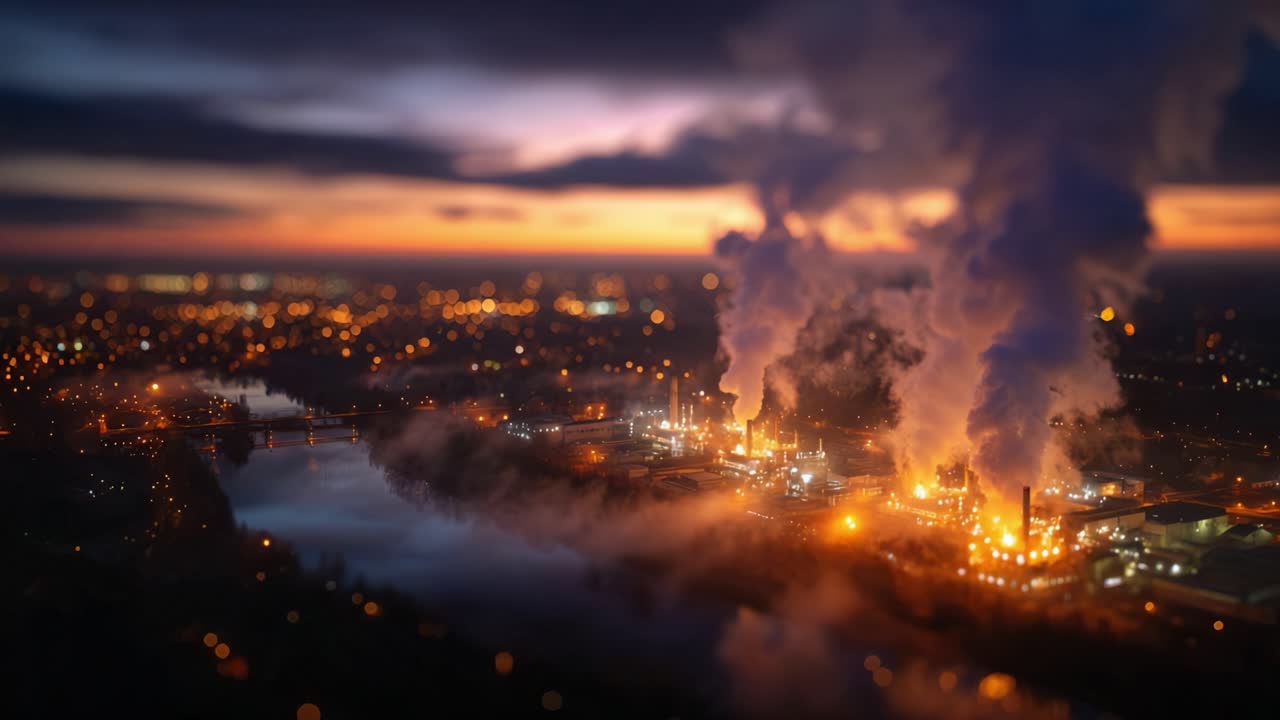 Industriekomplex in der Abenddämmerung, Schornsteine stoßen Rauchschwaden in den Dämmerungshimmel aus, wobei warme Lichter die Umgebung erhellen