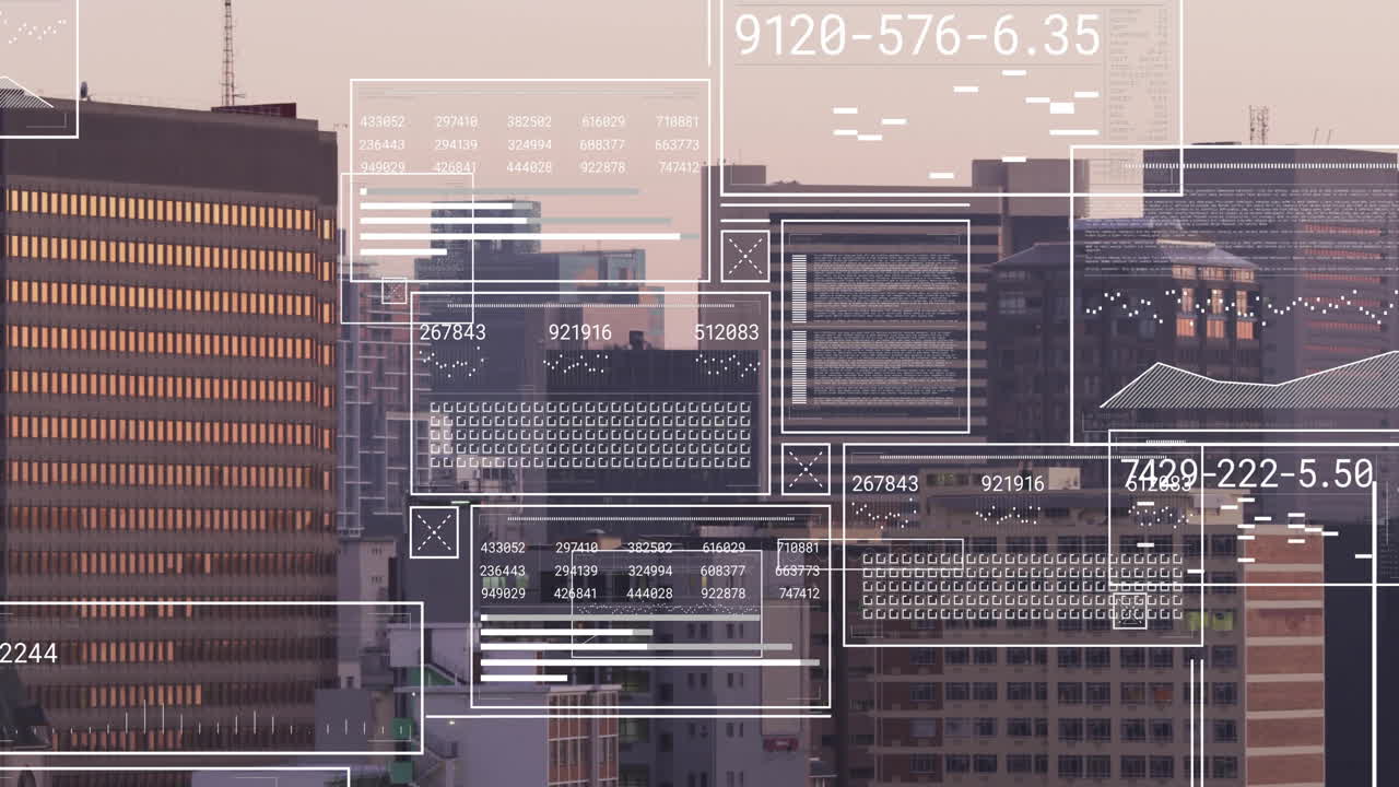 Animation of screens and data processing over cityscape
