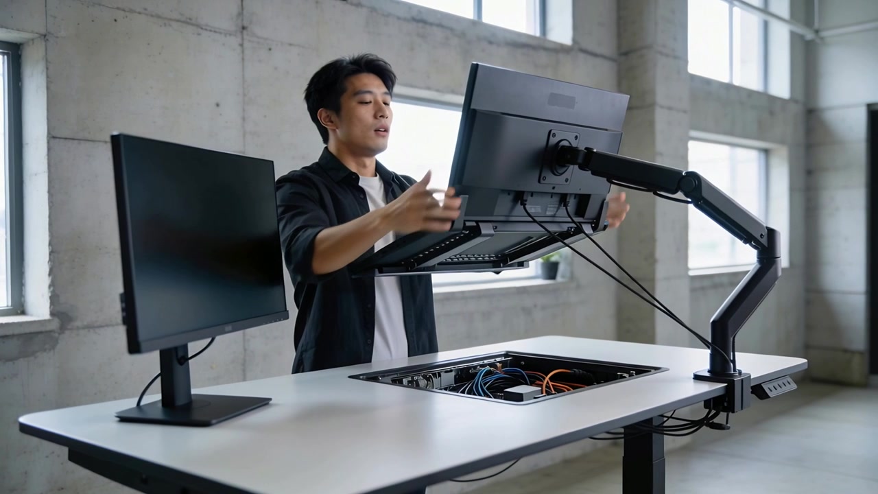 Uomo che si allunga per allineare e fissare un monitor su un braccio a gas in un loft, posizionando la tastiera e completando la configurazione.