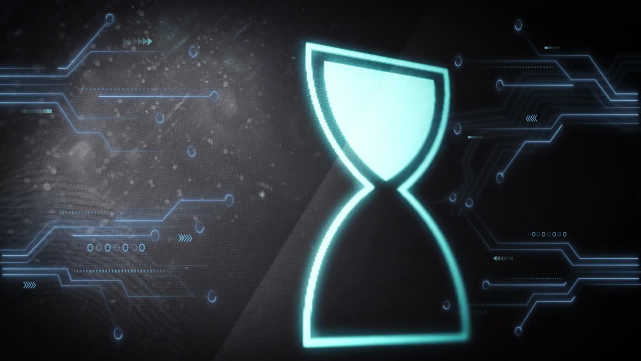 Hourglass icon and circuit lines, digital technology animation