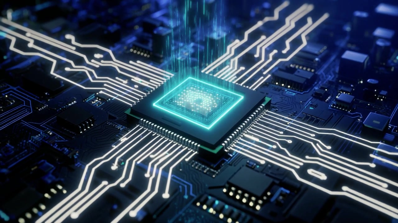 Digital Processor Chip Activating on a Futuristic Circuit Board