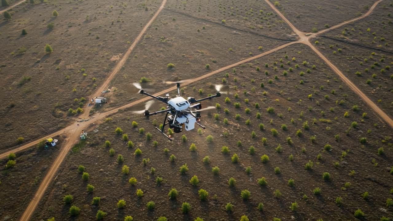 Aerial View of a Drone Surveying a Landscape Full of Trees and Paths, Capturing Data Over an Expansive Area with Precision Technology in Action