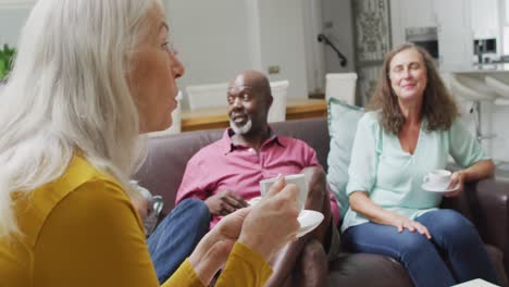 Animation-of-happy-diverse-female-and-male-senior-friends-drinking-coffee-at-home