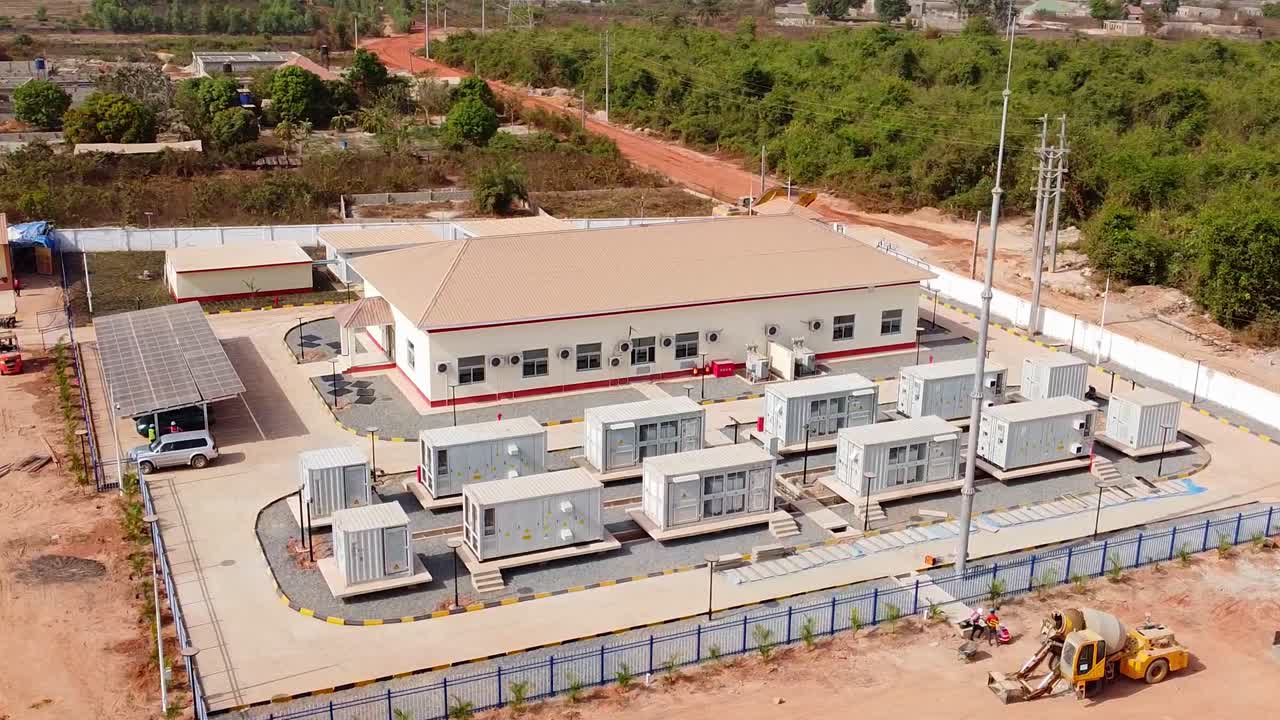 Installed Solar Panels and Li-ion Battery Containers at West African renewable power plant Energy Storage System