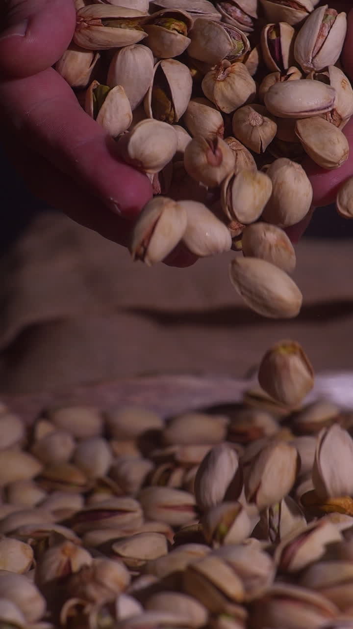 A calm, steady slow motion clip showing pistachios gently falling from a hand into a growing pile, captured in soft warm lighting with natural textures and a relaxed, earthy mood.