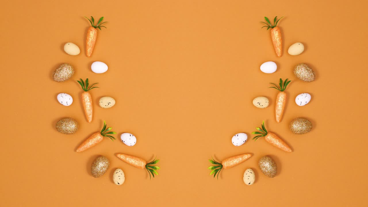 composición de pascua hecha de huevos y zanahorias en fondo naranja con espacio de copia.