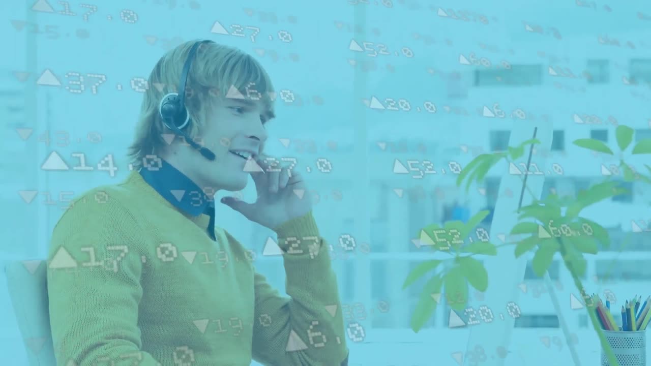 Animation of Caucasian man wearing headset and using computer over arrows with numbers floating