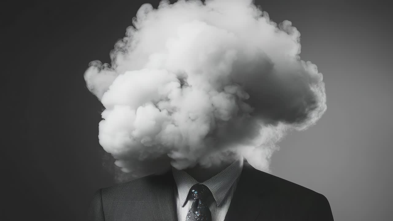Surreal video concept of a person with a cloud for a head, shot from a front angle