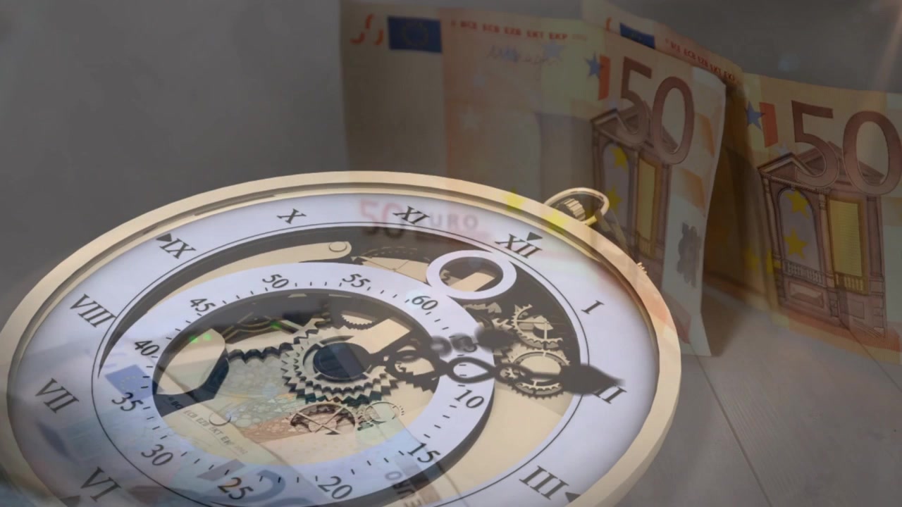 Antique watch rotating, gears nudging 50€ notes fading into fanned stack behind for finance concept