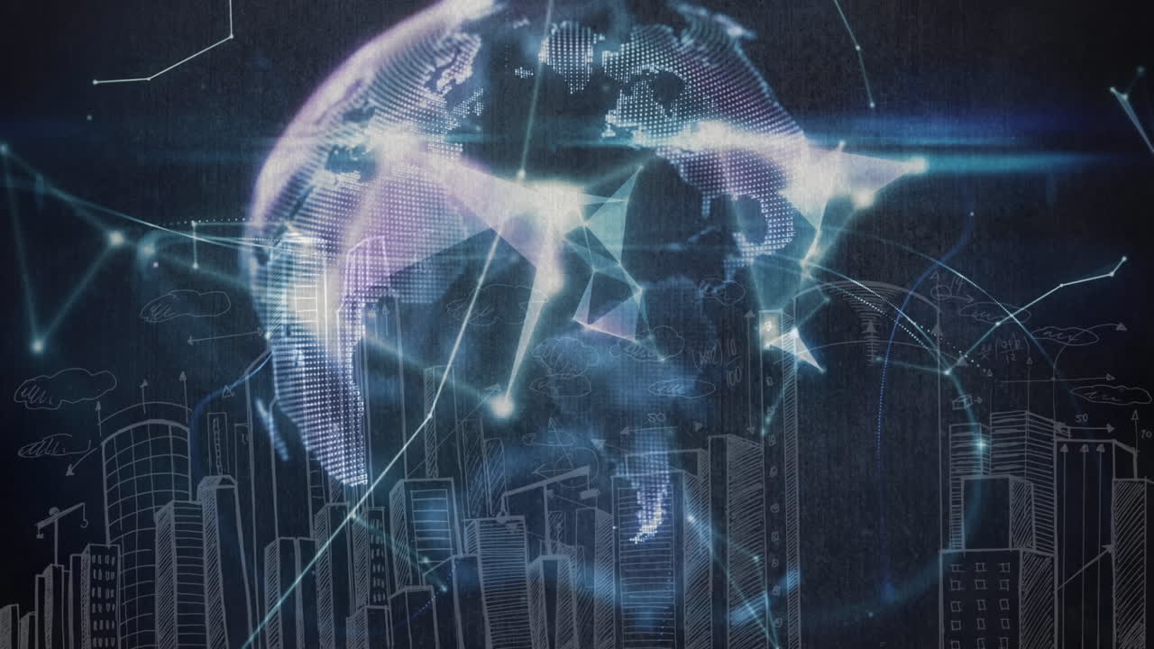 가상 글로브를 조립하고 손에 들고 배경에 도시를 그리고 있습니다.