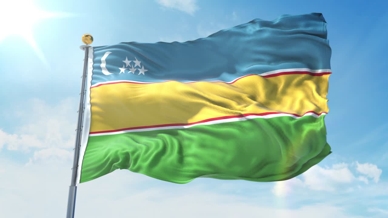 Karakalpakstan flag waving in the wind against deep blue sky. National theme, international concept. 3D Render Seamless Loop 4K