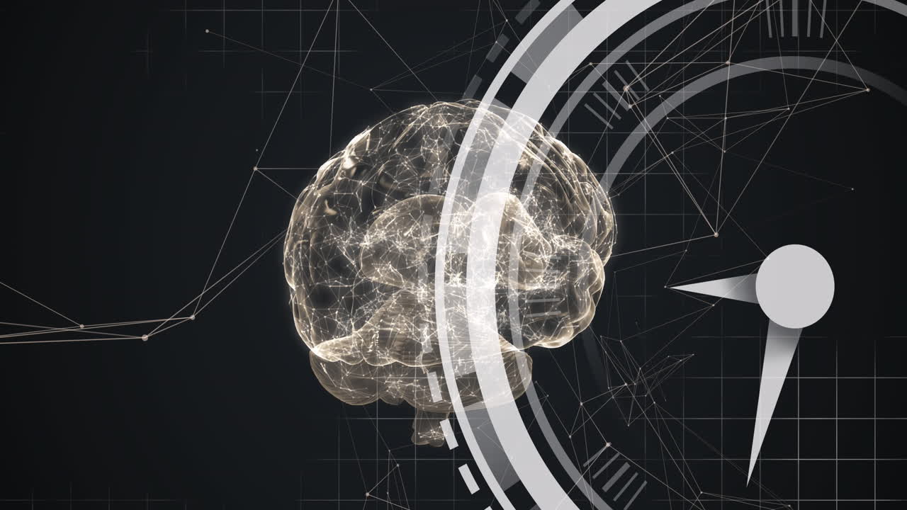 Animation of clock moving over brain on black background
