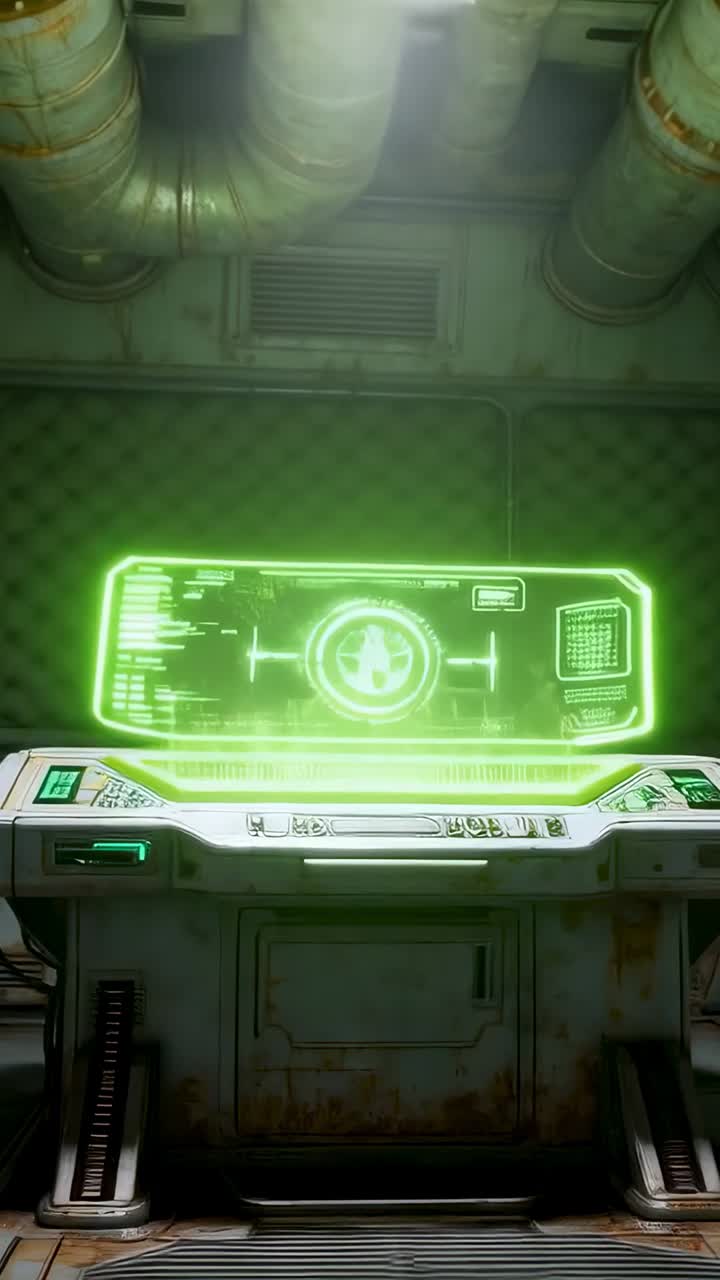Video verticale: alimentazione della console centrale con HUD verde e in scala all'interno di un vano metallico, che rivela i dati di sistema