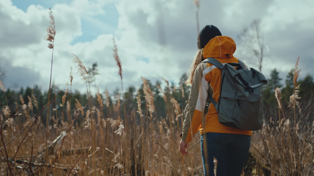 하이킹하는 여자는 키 큰 풀이 있는 초원에서 멈추고 주위를 둘러봅니다.