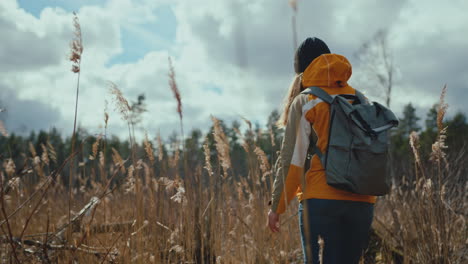 hiking woman stops on a meadow with tall grass and looks around